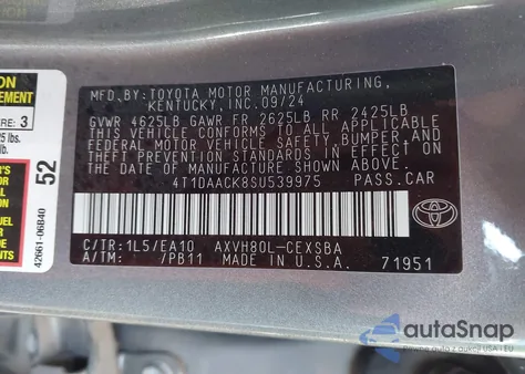 2025 Toyota Camry Se z USA, uszkodzony, nr VIN 4T1DAACK8SU539975